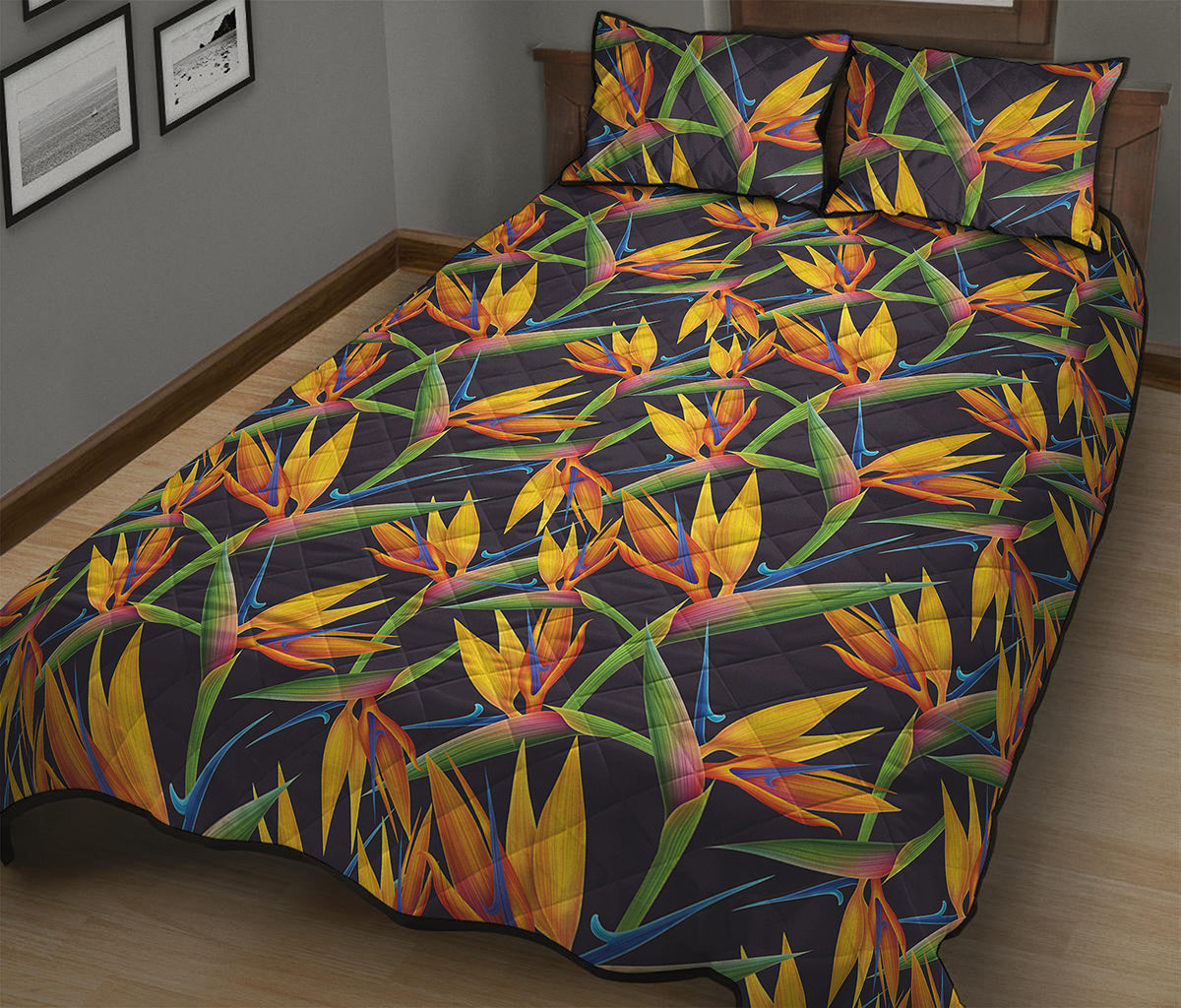Bird Of Paradise Flower Pattern Print Quilt Bed Set