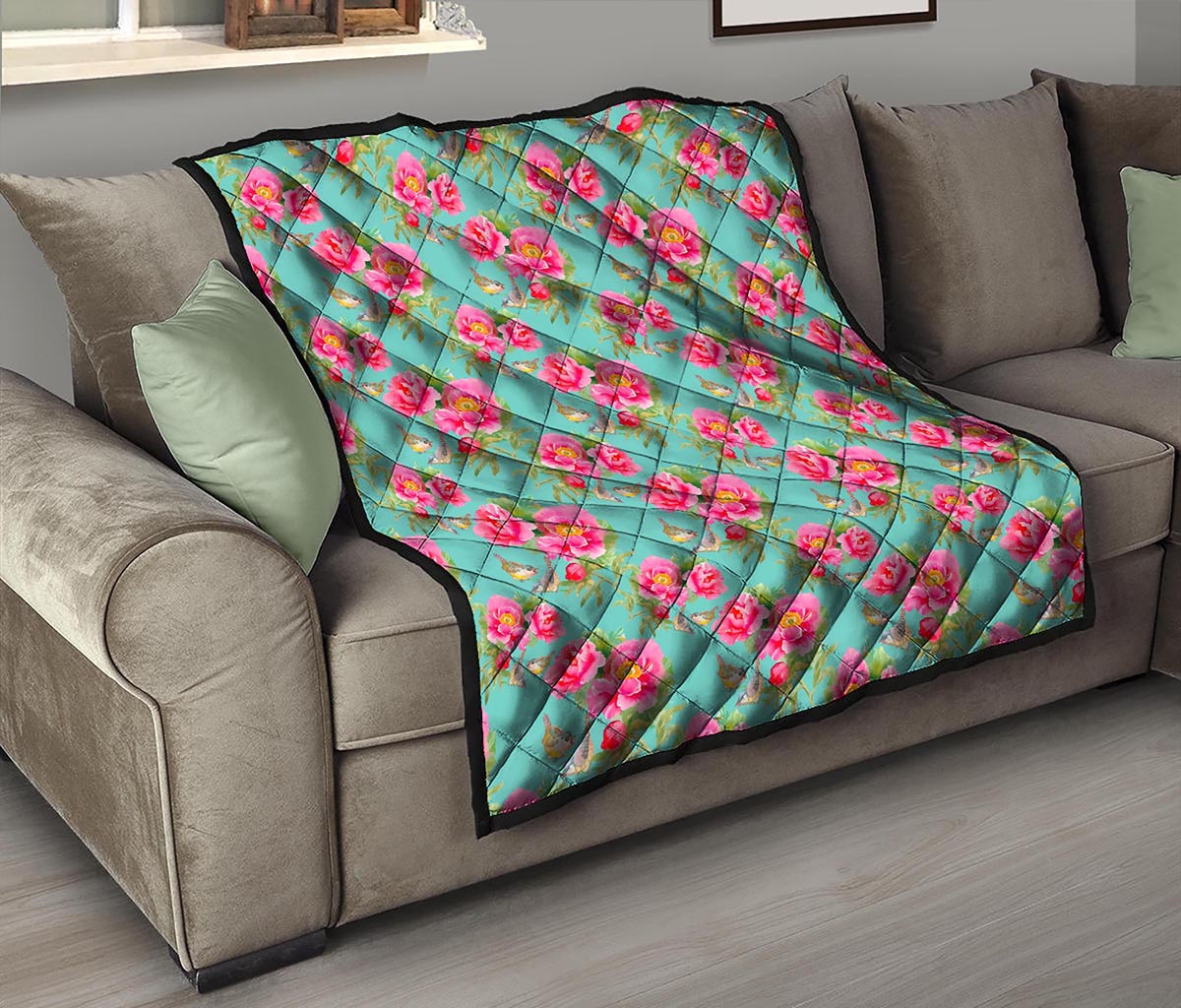 Bird Pink Floral Flower Pattern Print Quilt