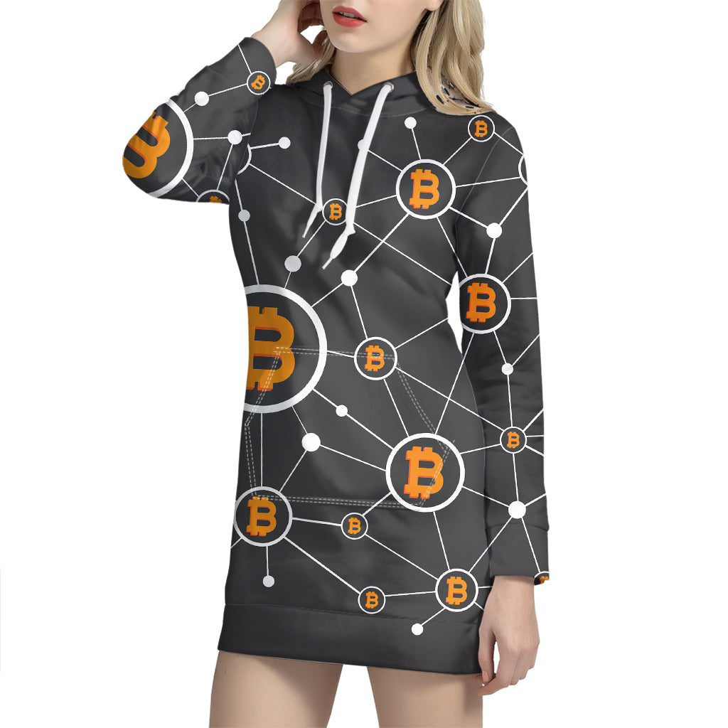 Bitcoin Connection Pattern Print Hoodie Dress
