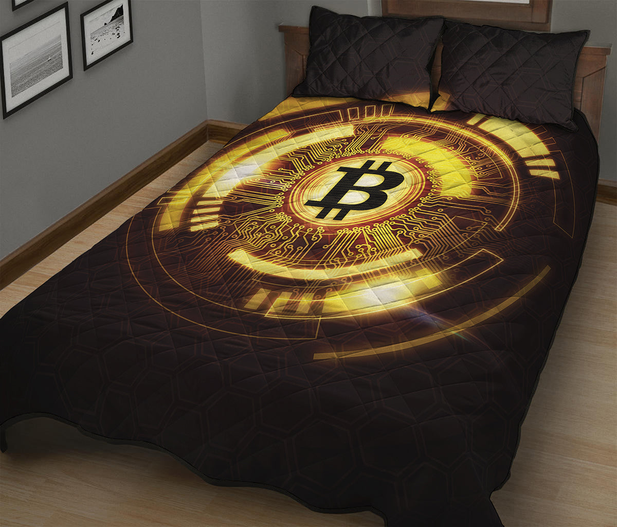 Bitcoin Crypto Symbol Print Quilt Bed Set