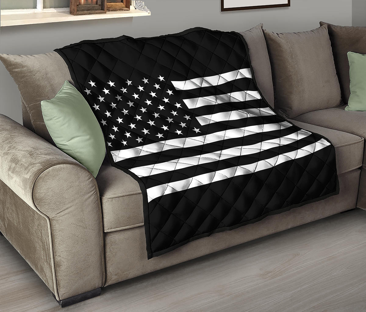 Black American Flag Print Quilt