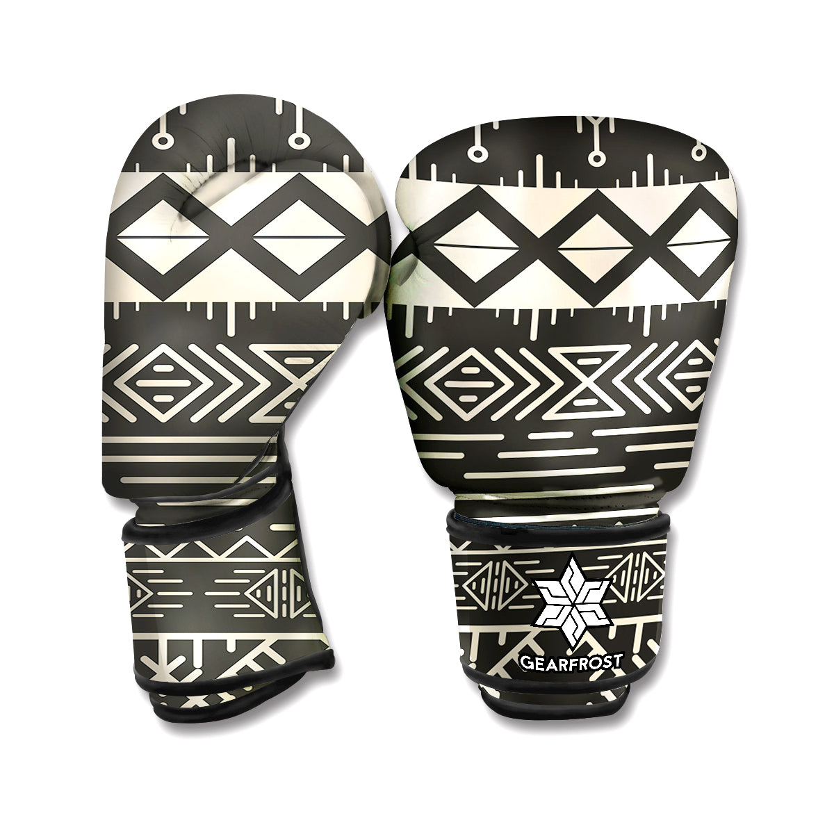 Black And Beige Aztec Pattern Print Boxing Gloves