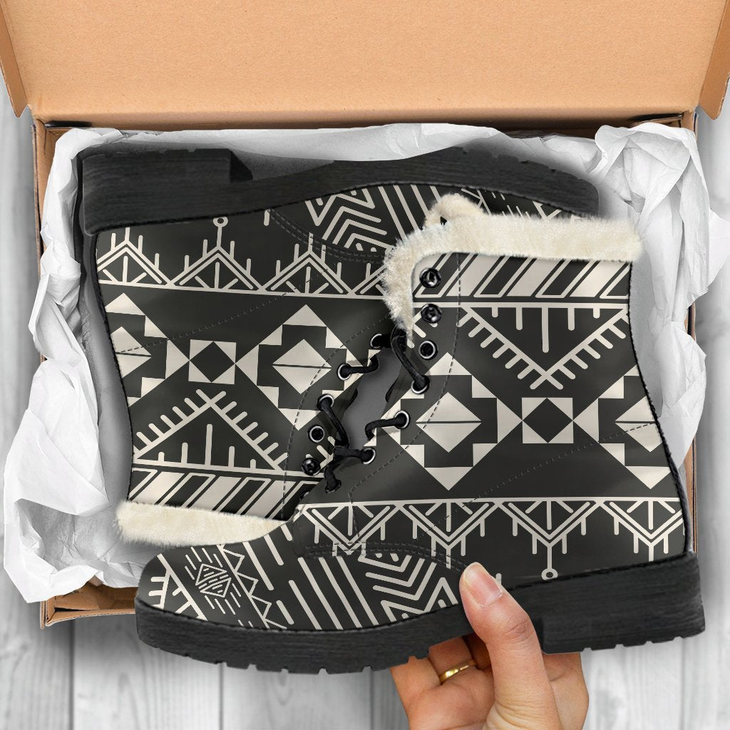 Black And Beige Aztec Pattern Print Comfy Boots GearFrost