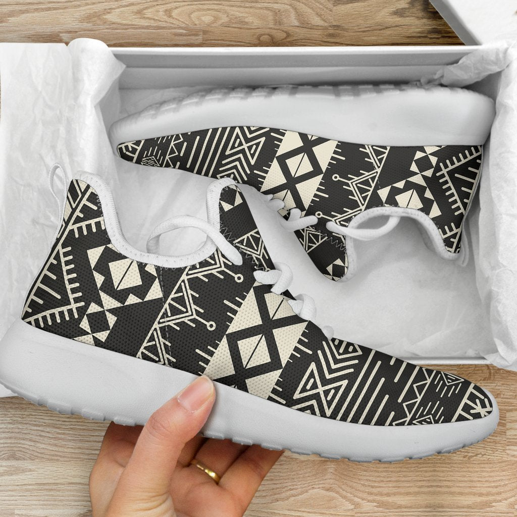 Black And Beige Aztec Pattern Print Mesh Knit Shoes GearFrost