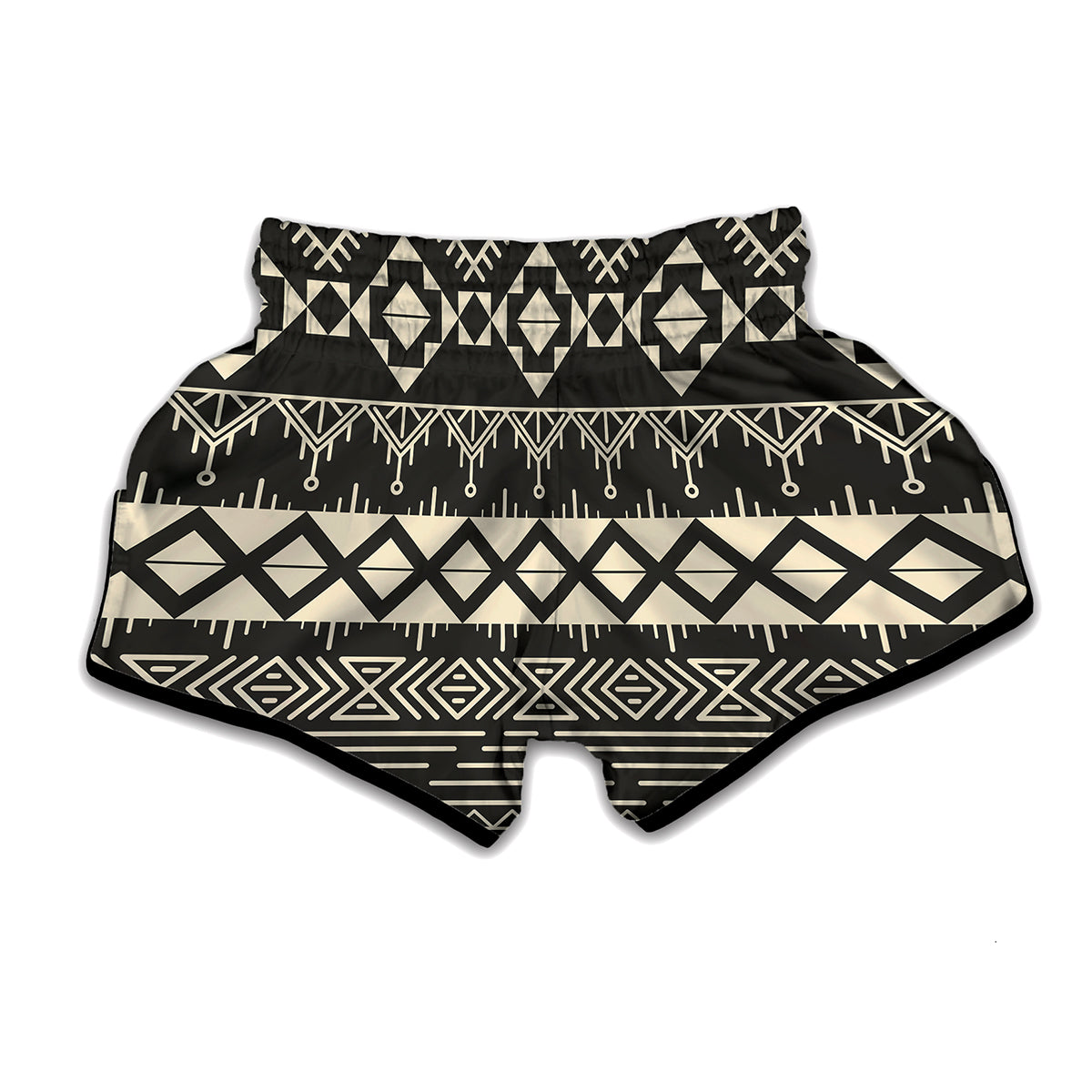 Black And Beige Aztec Pattern Print Muay Thai Boxing Shorts