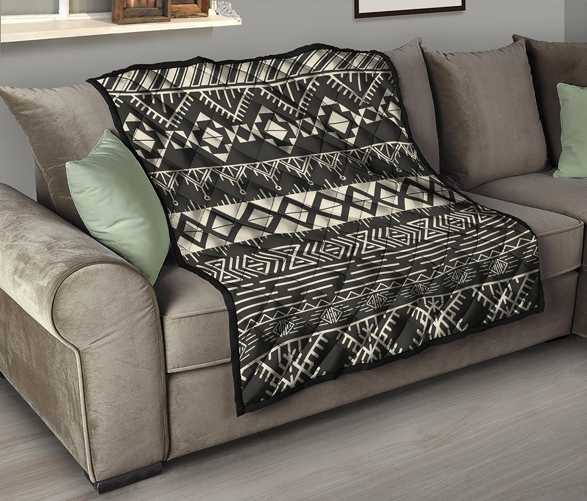 Black And Beige Aztec Pattern Print Quilt