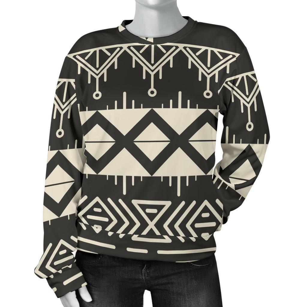 Black And Beige Aztec Pattern Print Women's Crewneck Sweatshirt GearFrost