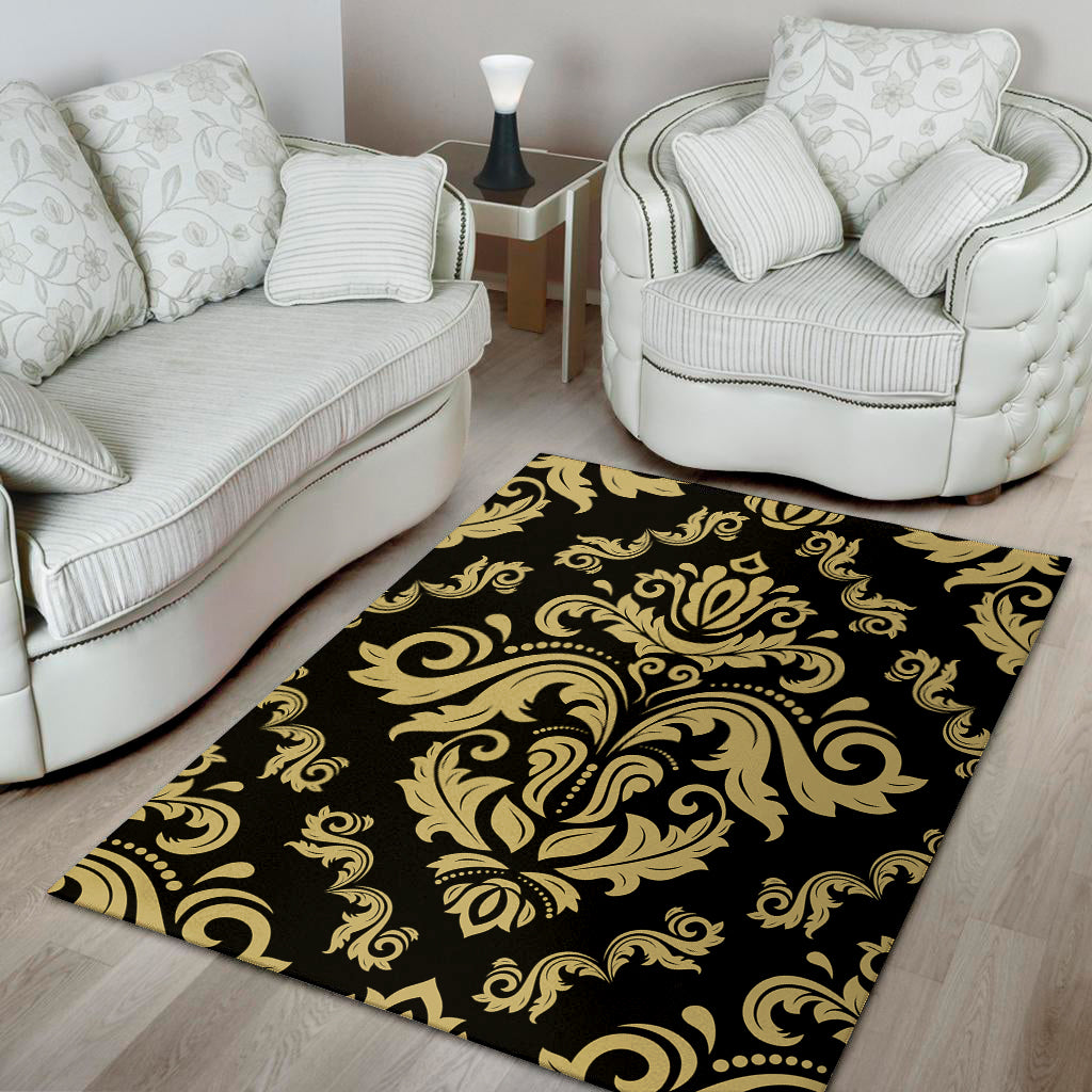 Black And Beige Damask Pattern Print Area Rug