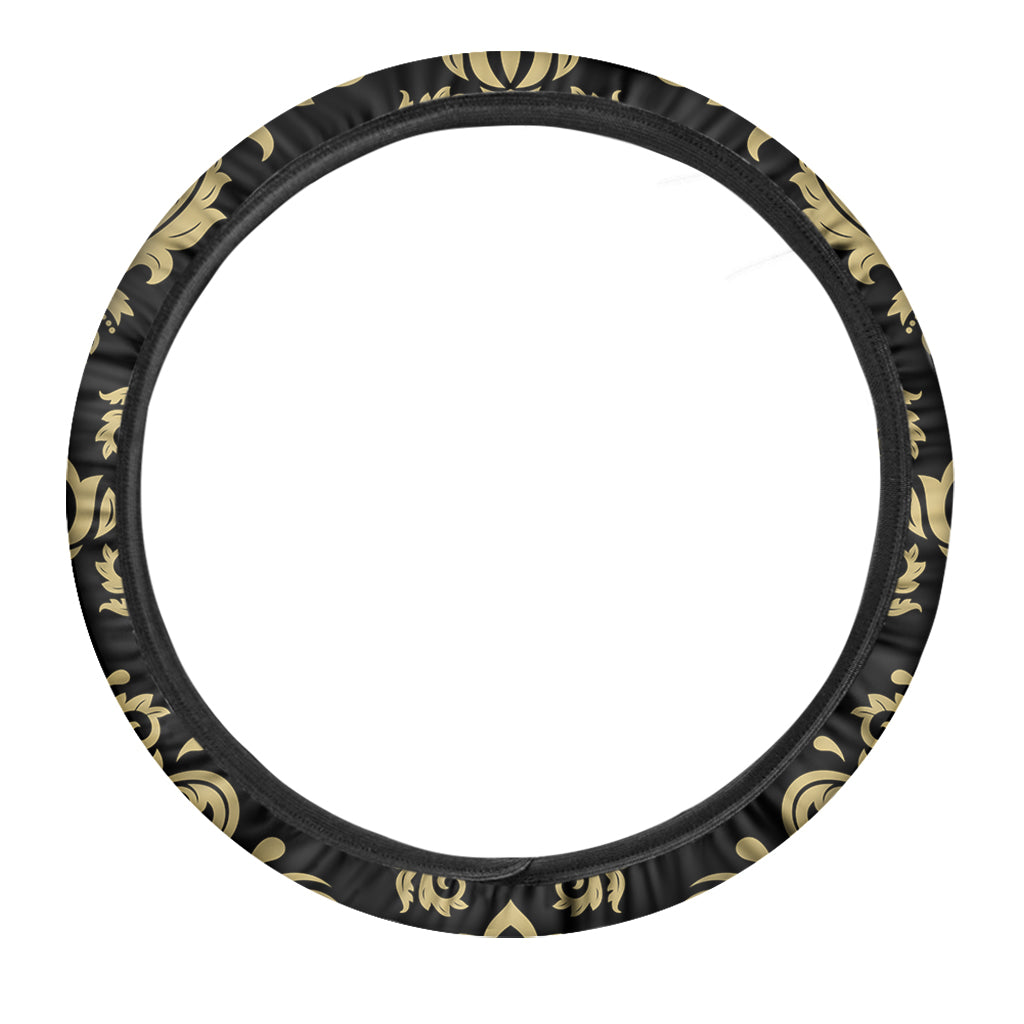 Black And Beige Damask Pattern Print Car Steering Wheel Cover