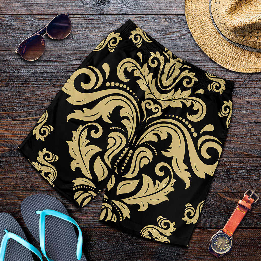 Black And Beige Damask Pattern Print Men's Shorts