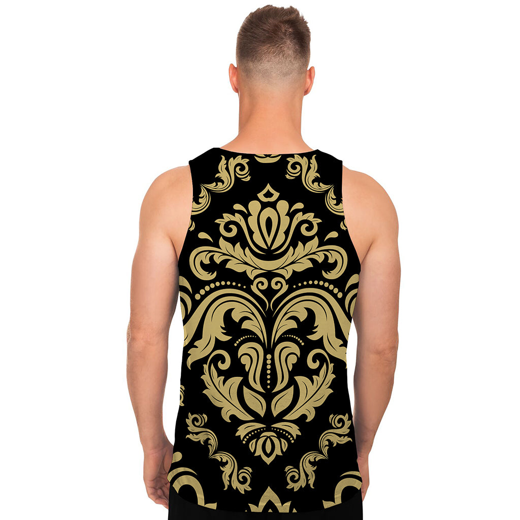 Black And Beige Damask Pattern Print Men's Tank Top