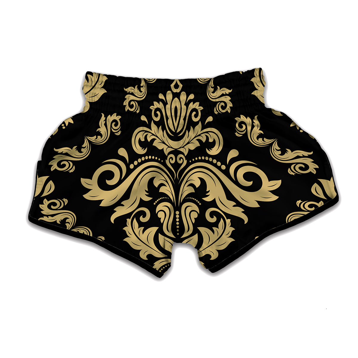 Black And Beige Damask Pattern Print Muay Thai Boxing Shorts