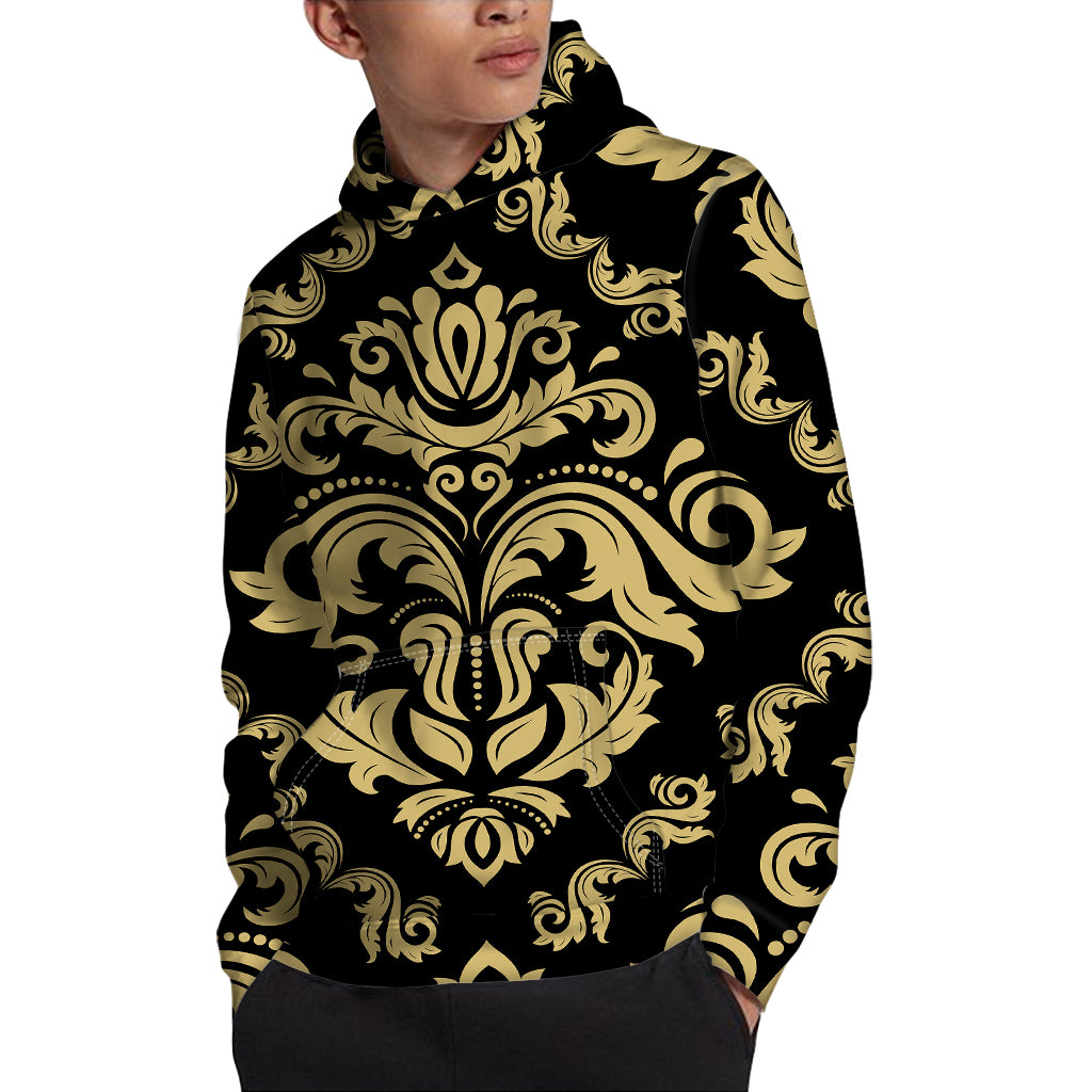 Black And Beige Damask Pattern Print Pullover Hoodie