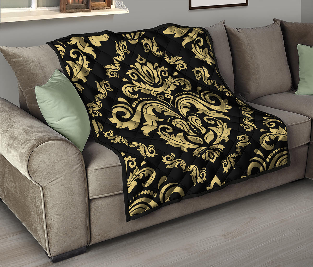 Black And Beige Damask Pattern Print Quilt