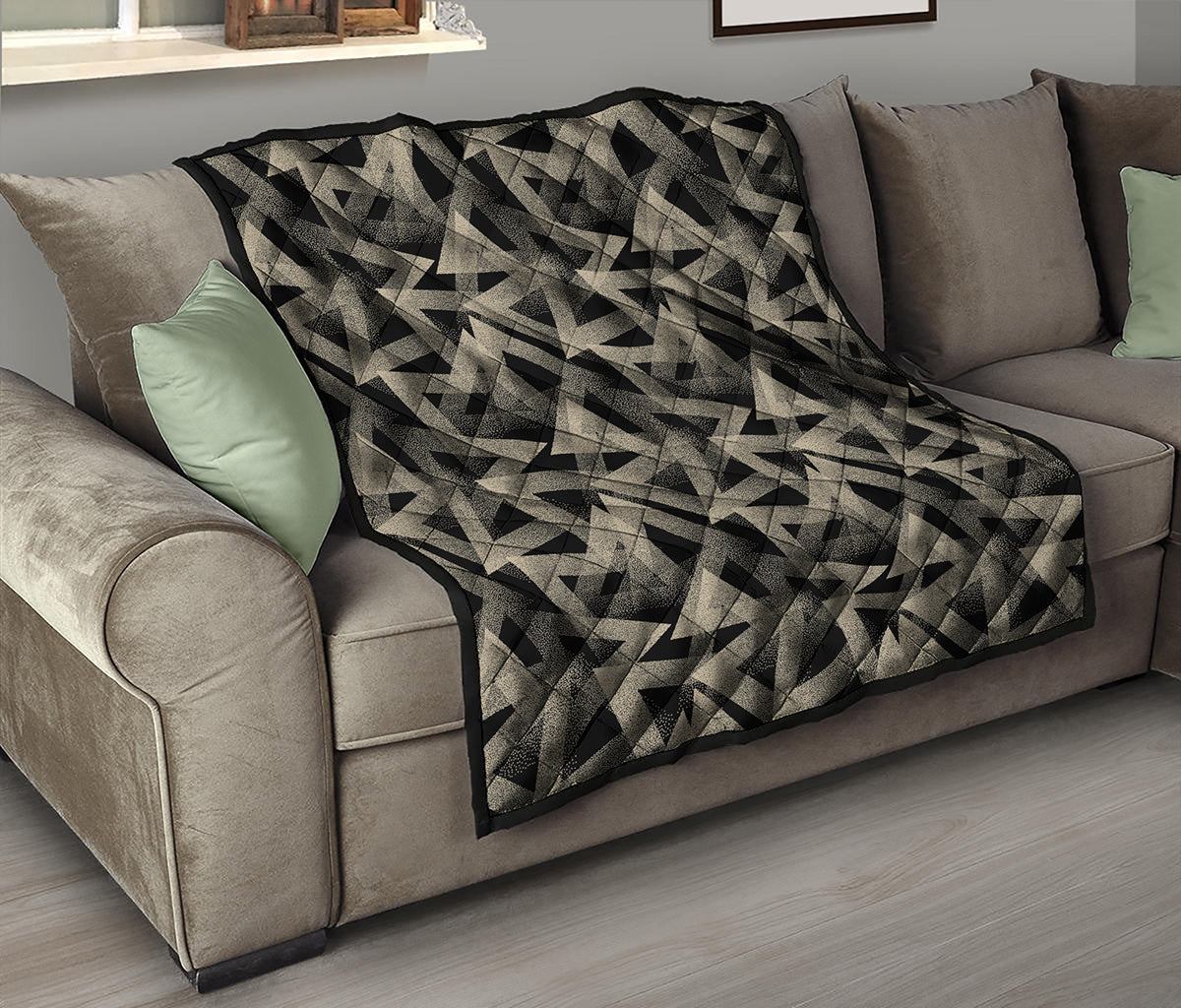 Black And Beige Geometric Triangle Print Quilt