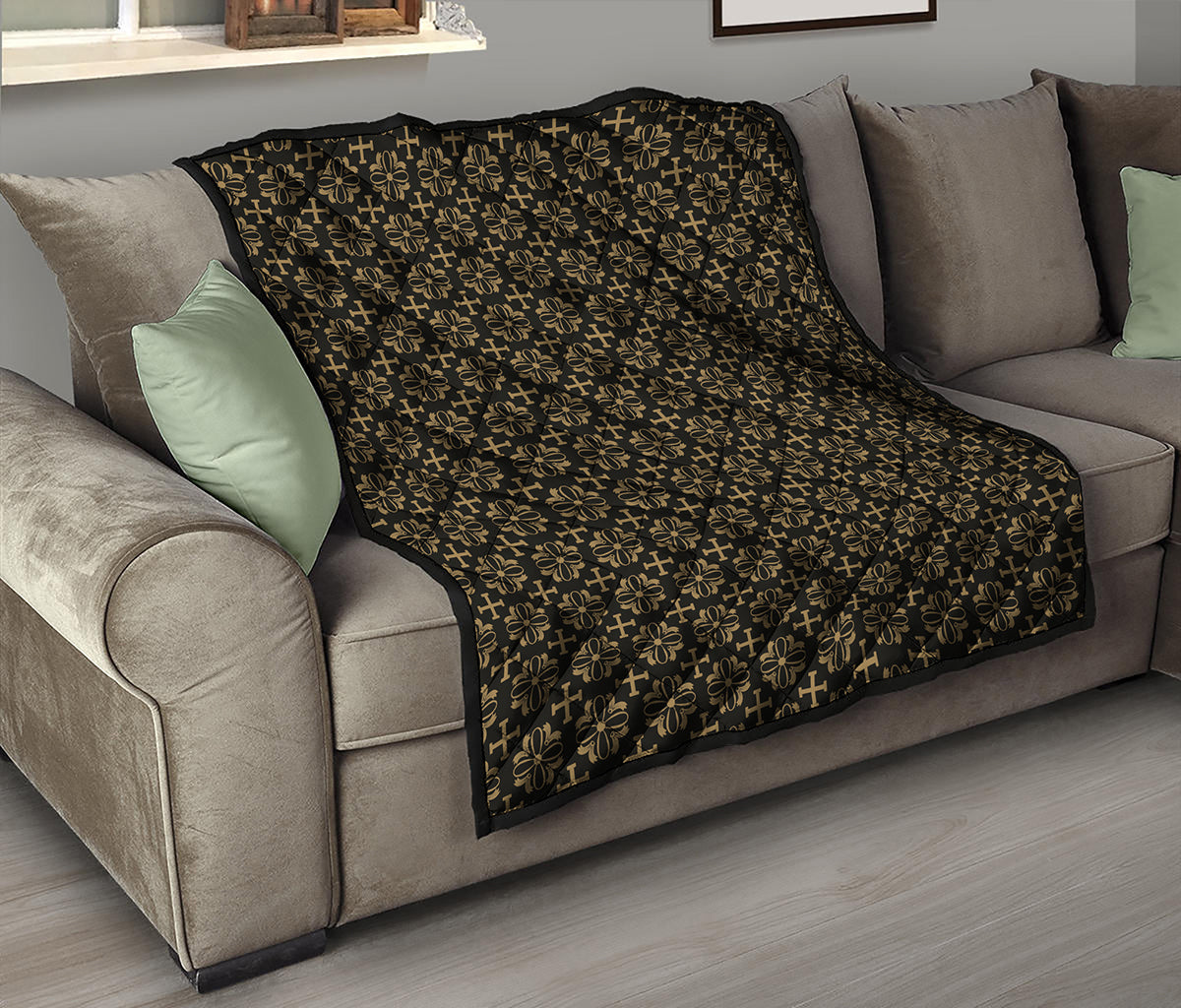 Black And Beige Orthodox Pattern Print Quilt
