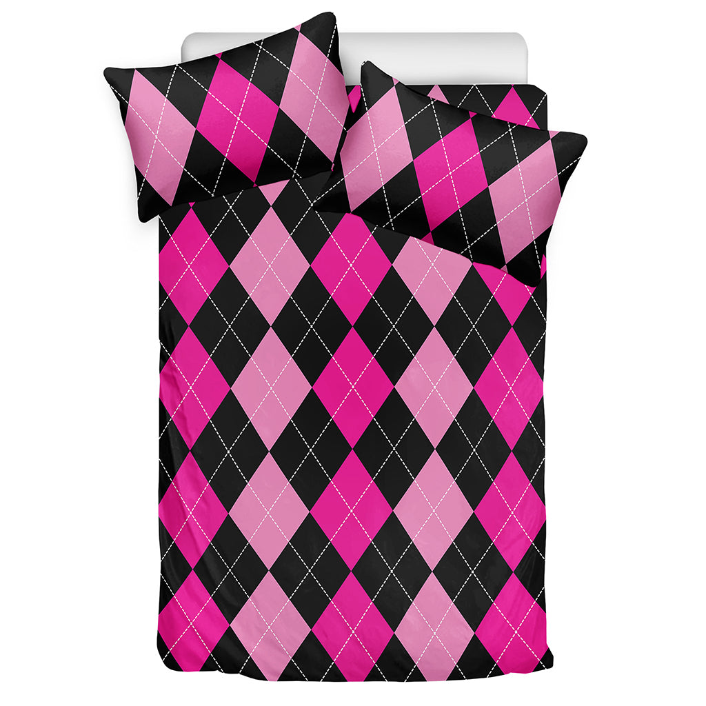Black And Deep Pink Argyle Pattern Print Duvet Cover Bedding Set
