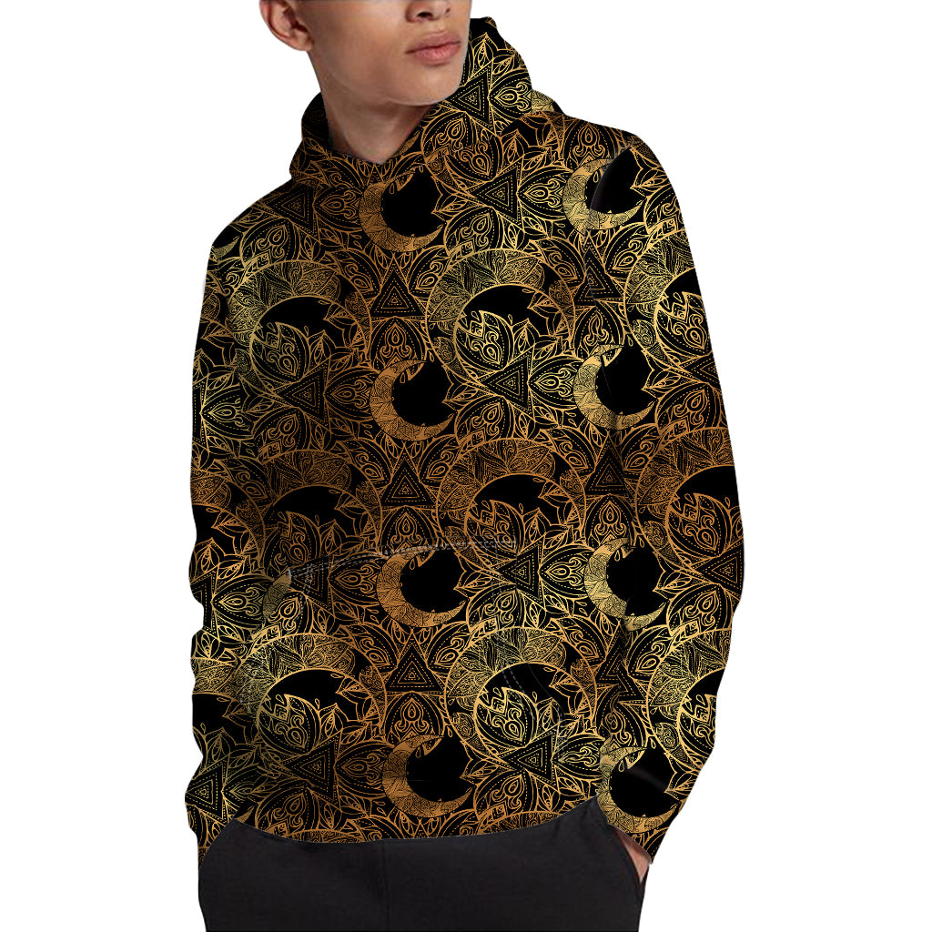 Black And Gold Celestial Pattern Print Pullover Hoodie