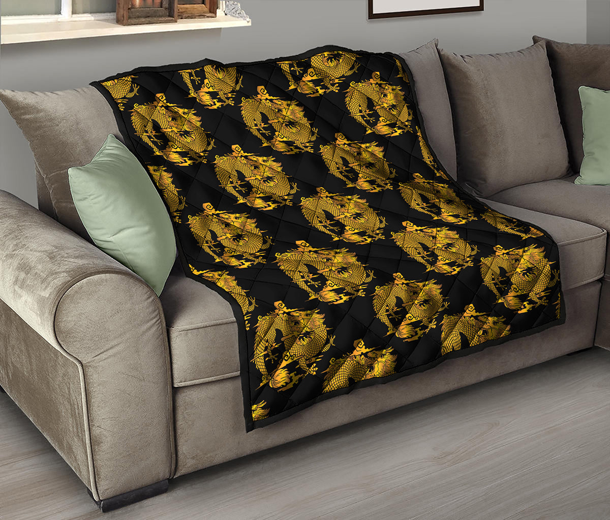 Black And Gold Dragon Pattern Print Quilt