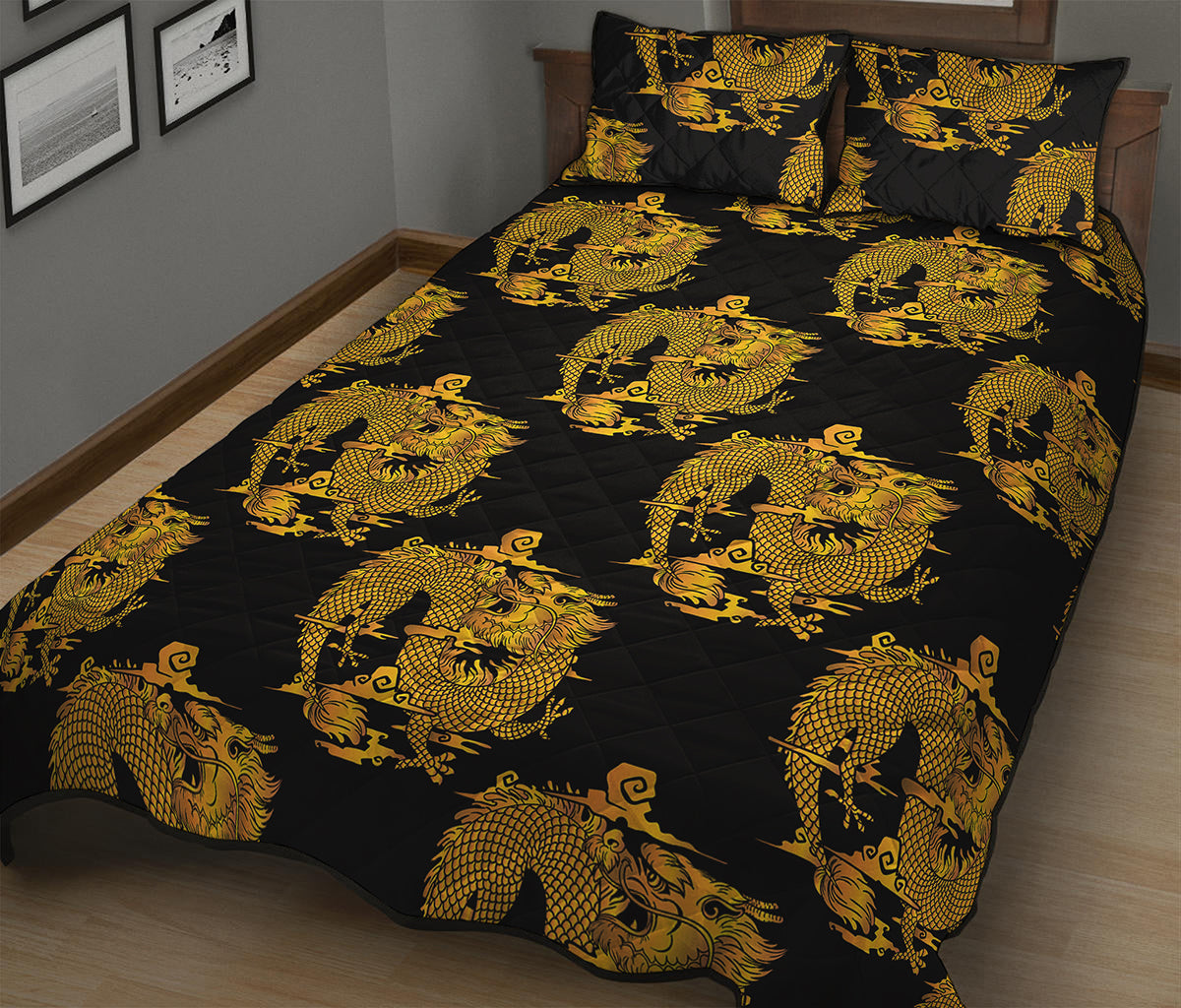 Black And Gold Dragon Pattern Print Quilt Bed Set