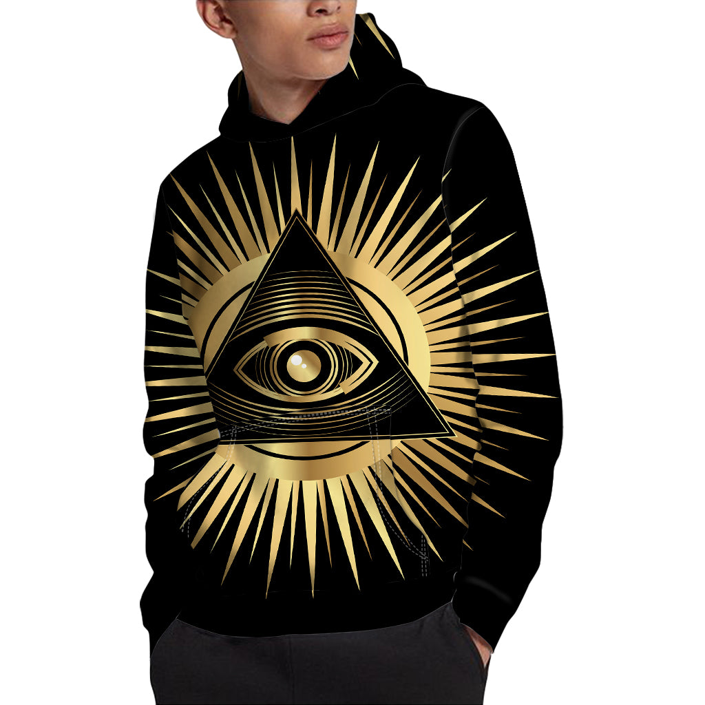 Black And Gold Eye of Providence Print Pullover Hoodie