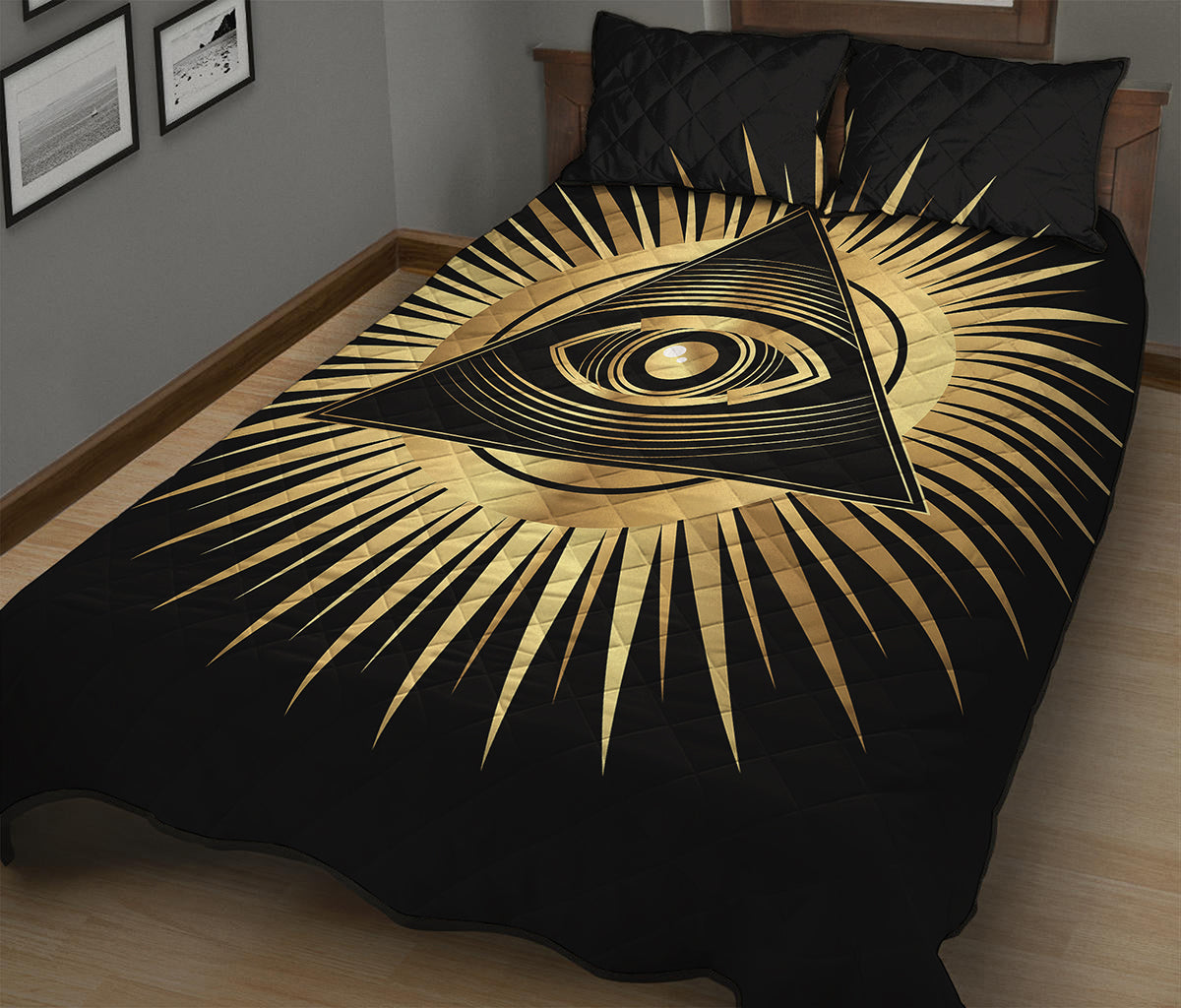 Black And Gold Eye of Providence Print Quilt Bed Set