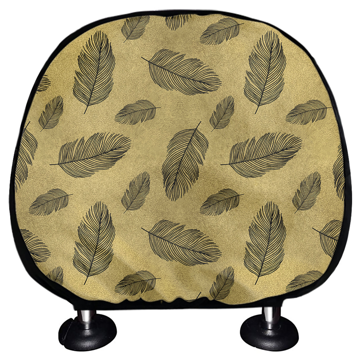 Black And Gold Feather Pattern Print Car Headrest Covers