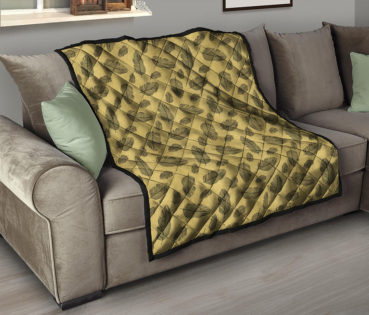 Black And Gold Feather Pattern Print Quilt