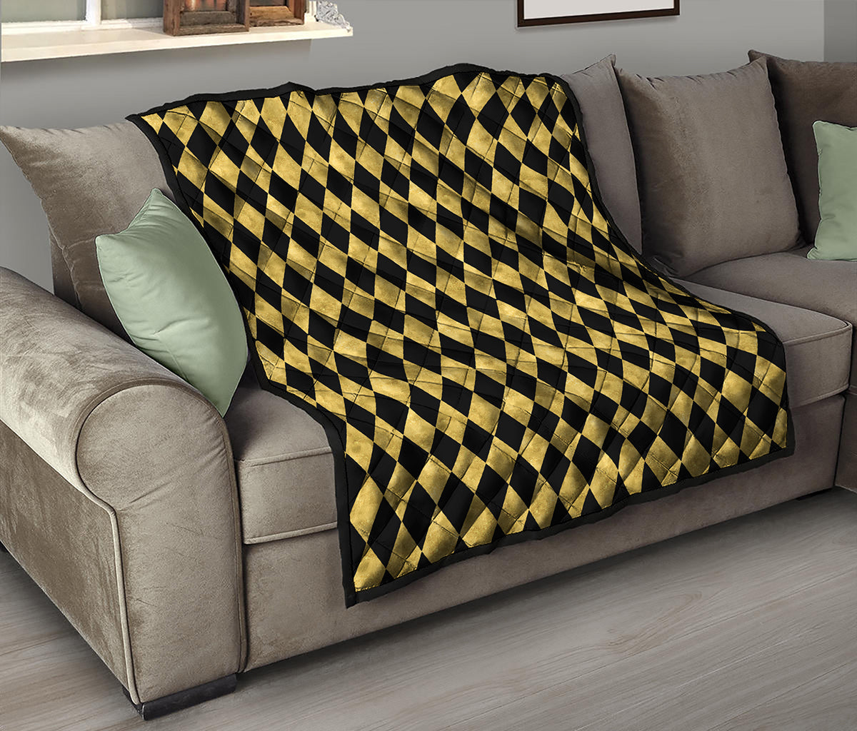 Black And Gold Harlequin Pattern Print Quilt
