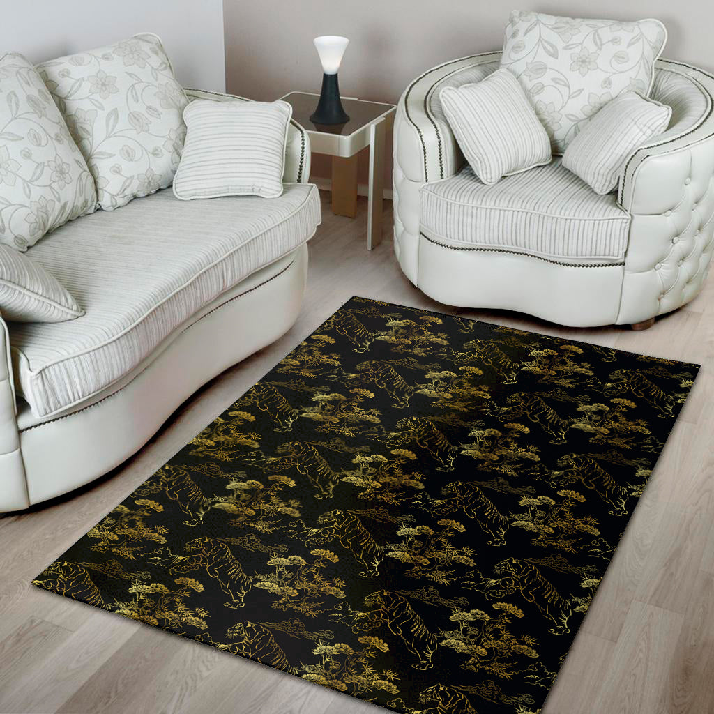 Black And Gold Japanese Tiger Print Area Rug