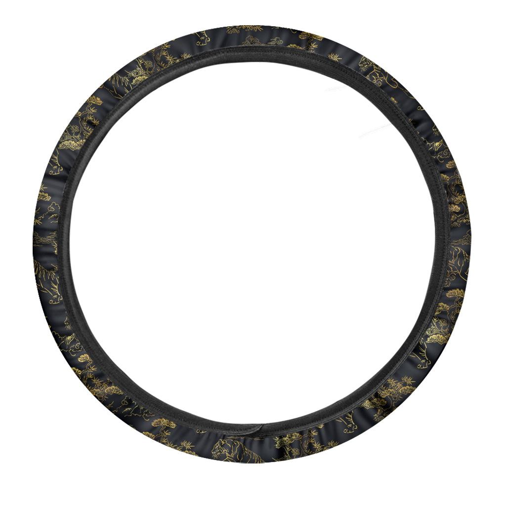 Black And Gold Japanese Tiger Print Car Steering Wheel Cover