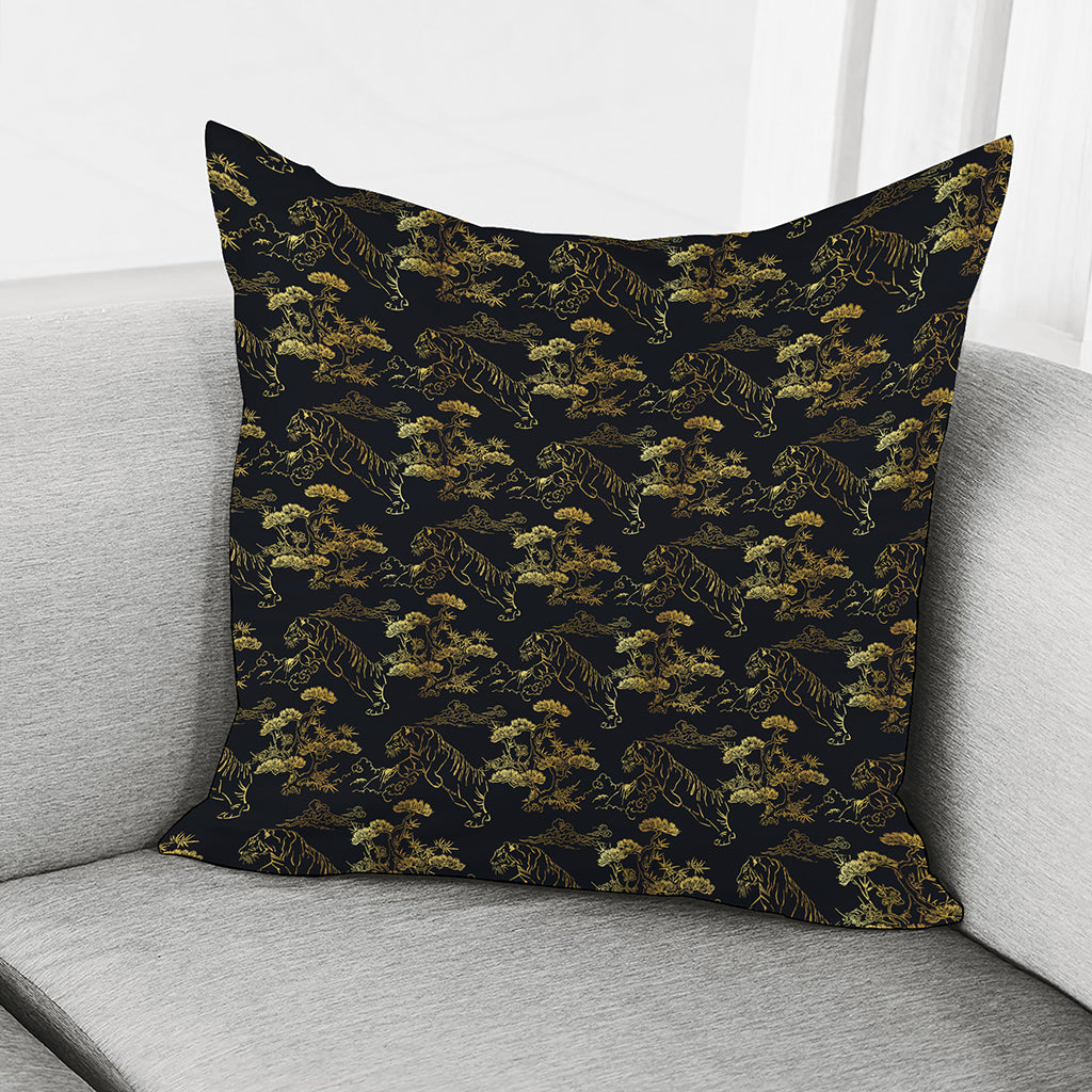 Black And Gold Japanese Tiger Print Pillow Cover