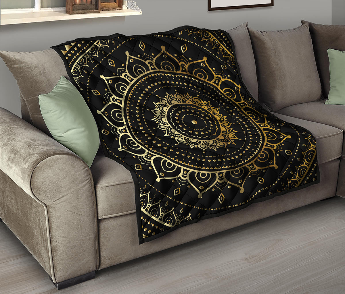 Black And Gold Mandala Print Quilt