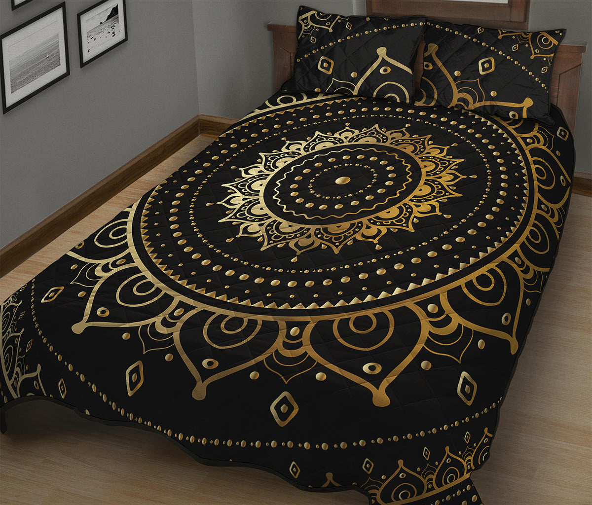 Black And Gold Mandala Print Quilt Bed Set
