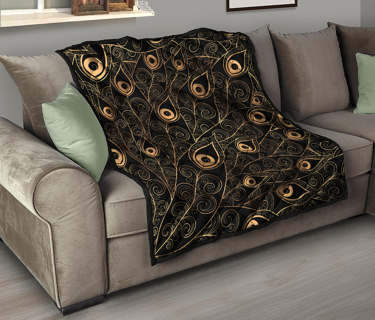 Black And Gold Peacock Feather Print Quilt