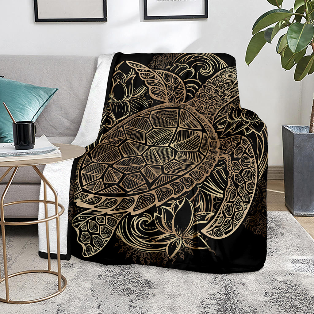 Black And Gold Sea Turtle Print Blanket