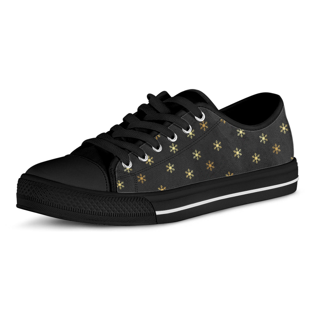 Black And Gold Snowflake Pattern Print Black Low Top Shoes