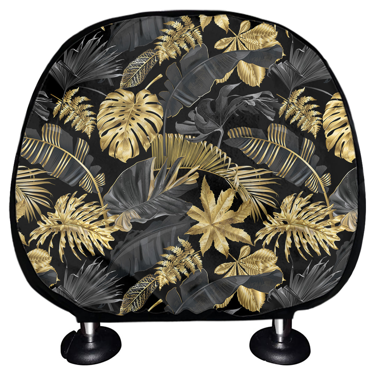 Black And Gold Tropical Pattern Print Car Headrest Covers