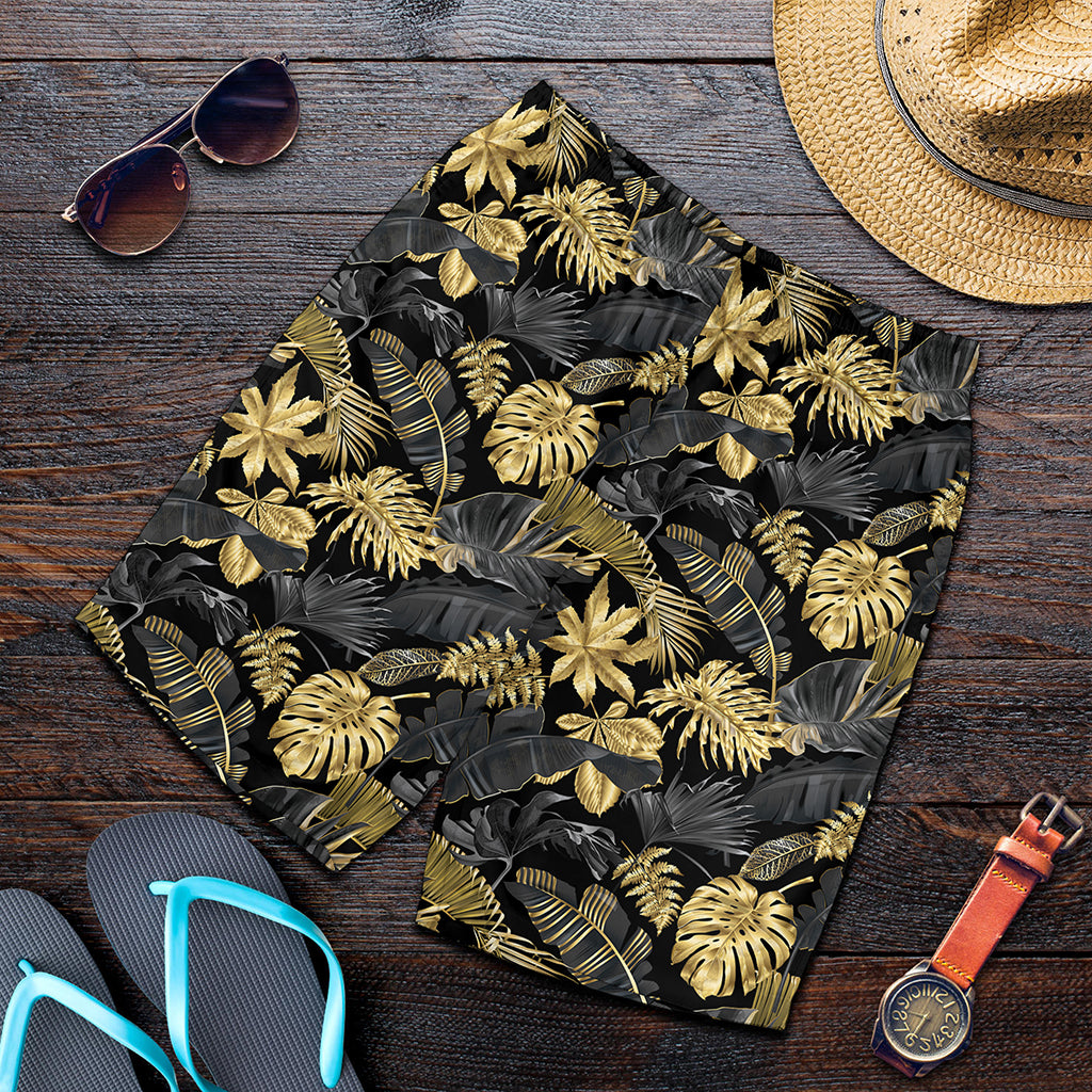 Black And Gold Tropical Pattern Print Men's Shorts