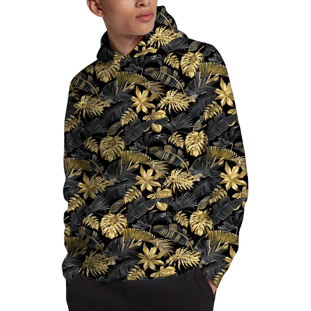 Black And Gold Tropical Pattern Print Pullover Hoodie