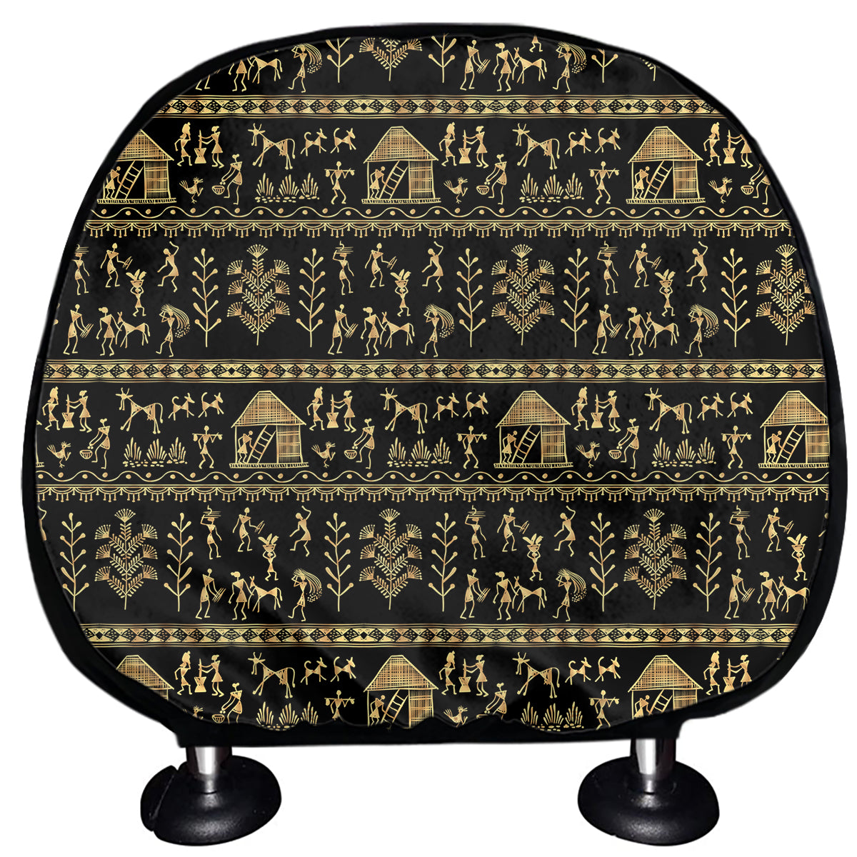 Black And Gold Warli Pattern Print Car Headrest Covers