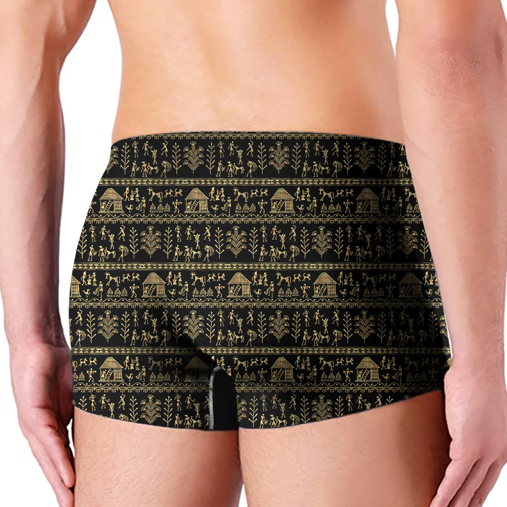 Black And Gold Warli Pattern Print Men's Boxer Briefs