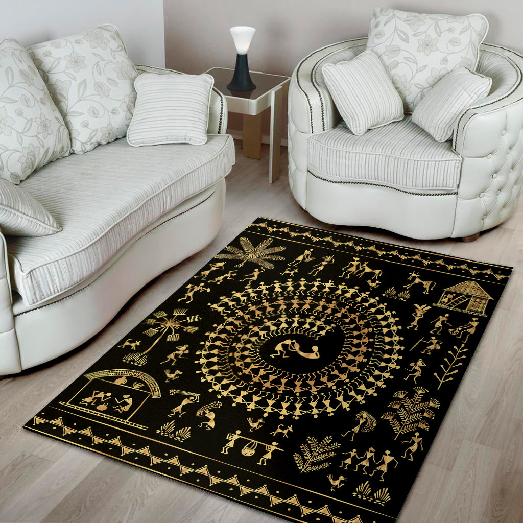 Black And Gold Warli Tribal Print Area Rug