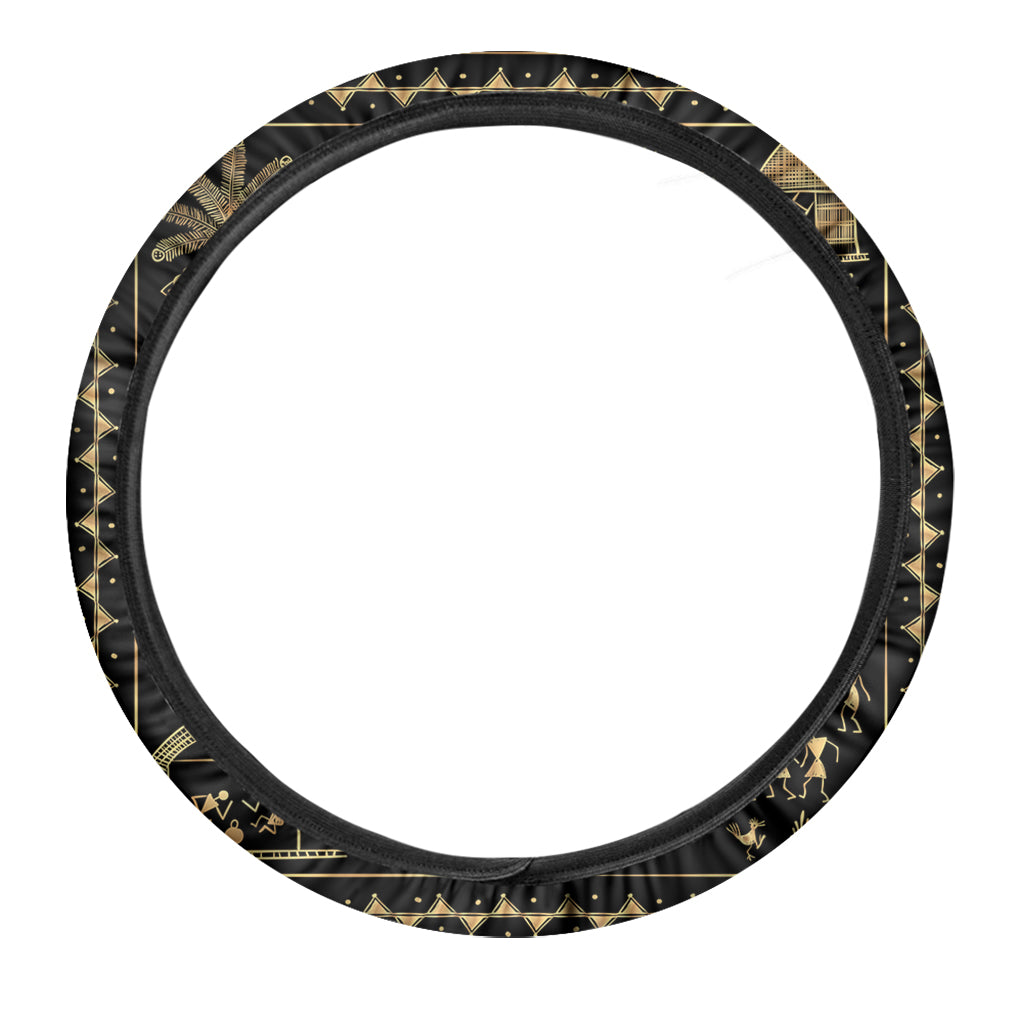 Black And Gold Warli Tribal Print Car Steering Wheel Cover