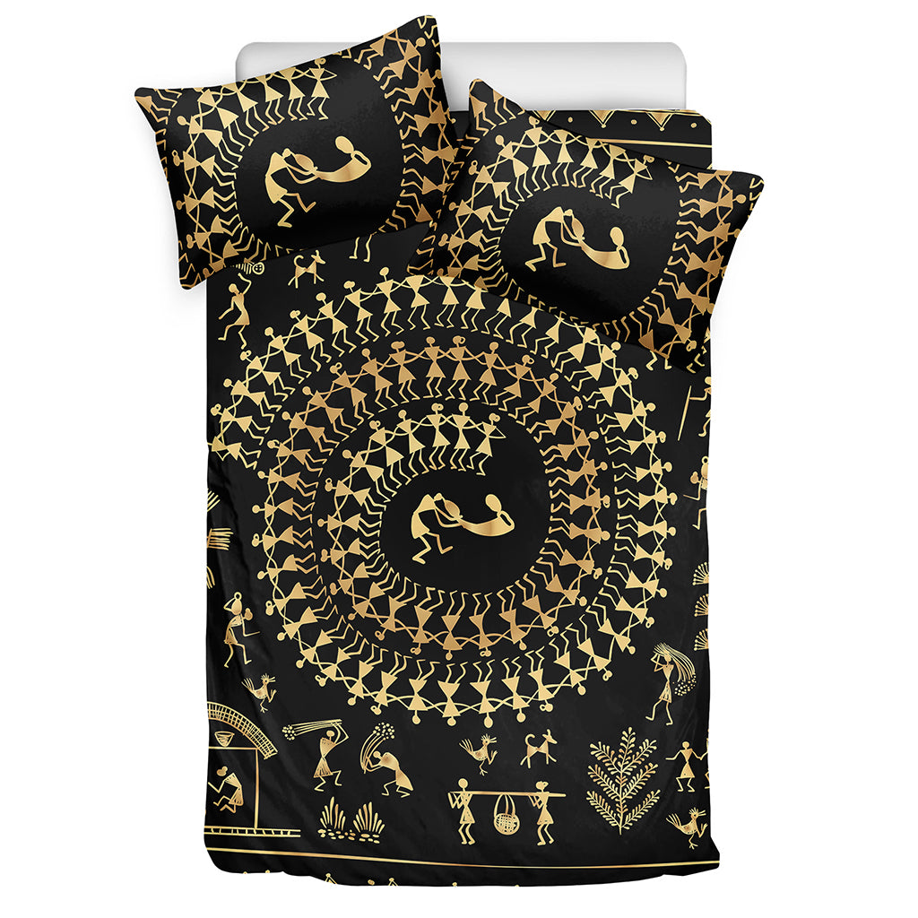 Black And Gold Warli Tribal Print Duvet Cover Bedding Set