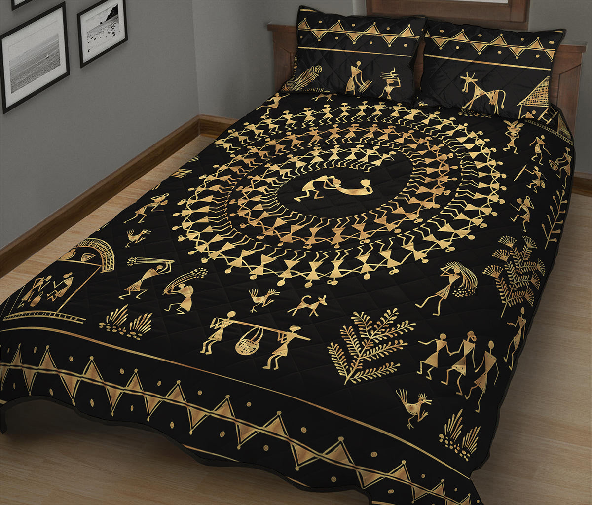 Black And Gold Warli Tribal Print Quilt Bed Set