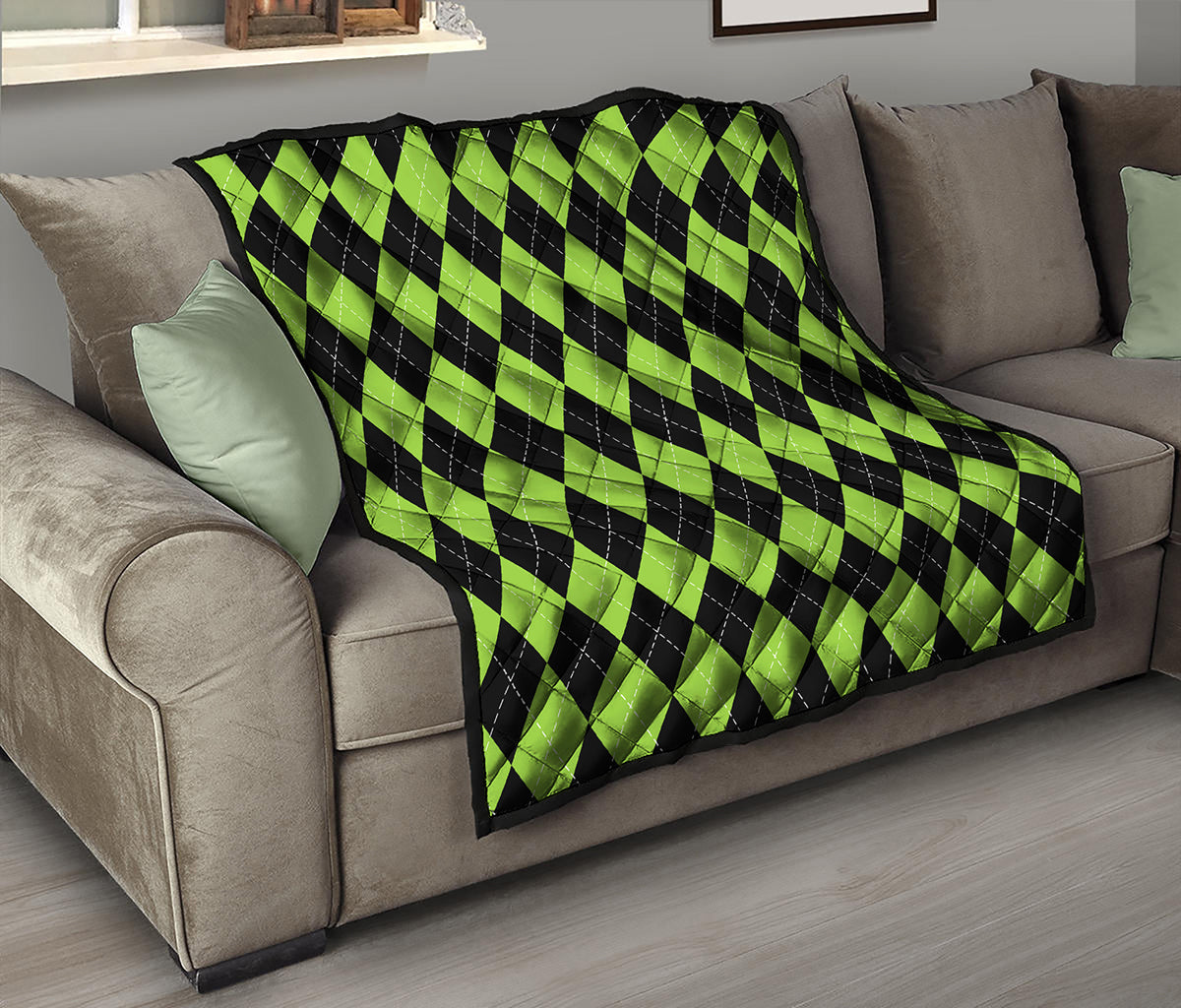 Black And Green Argyle Pattern Print Quilt