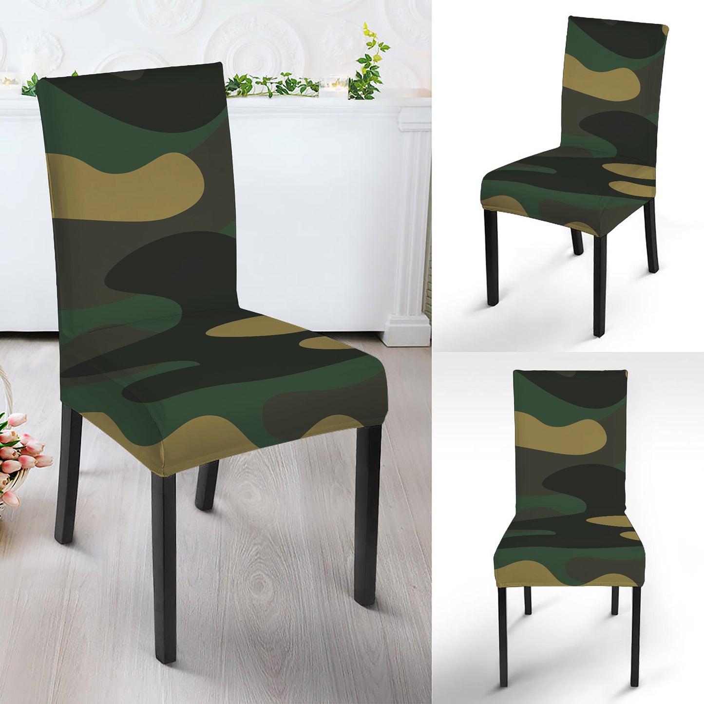 Black And Green Camouflage Print Dining Chair Slipcover