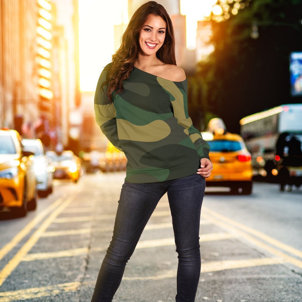 Black And Green Camouflage Print Off Shoulder Sweatshirt GearFrost