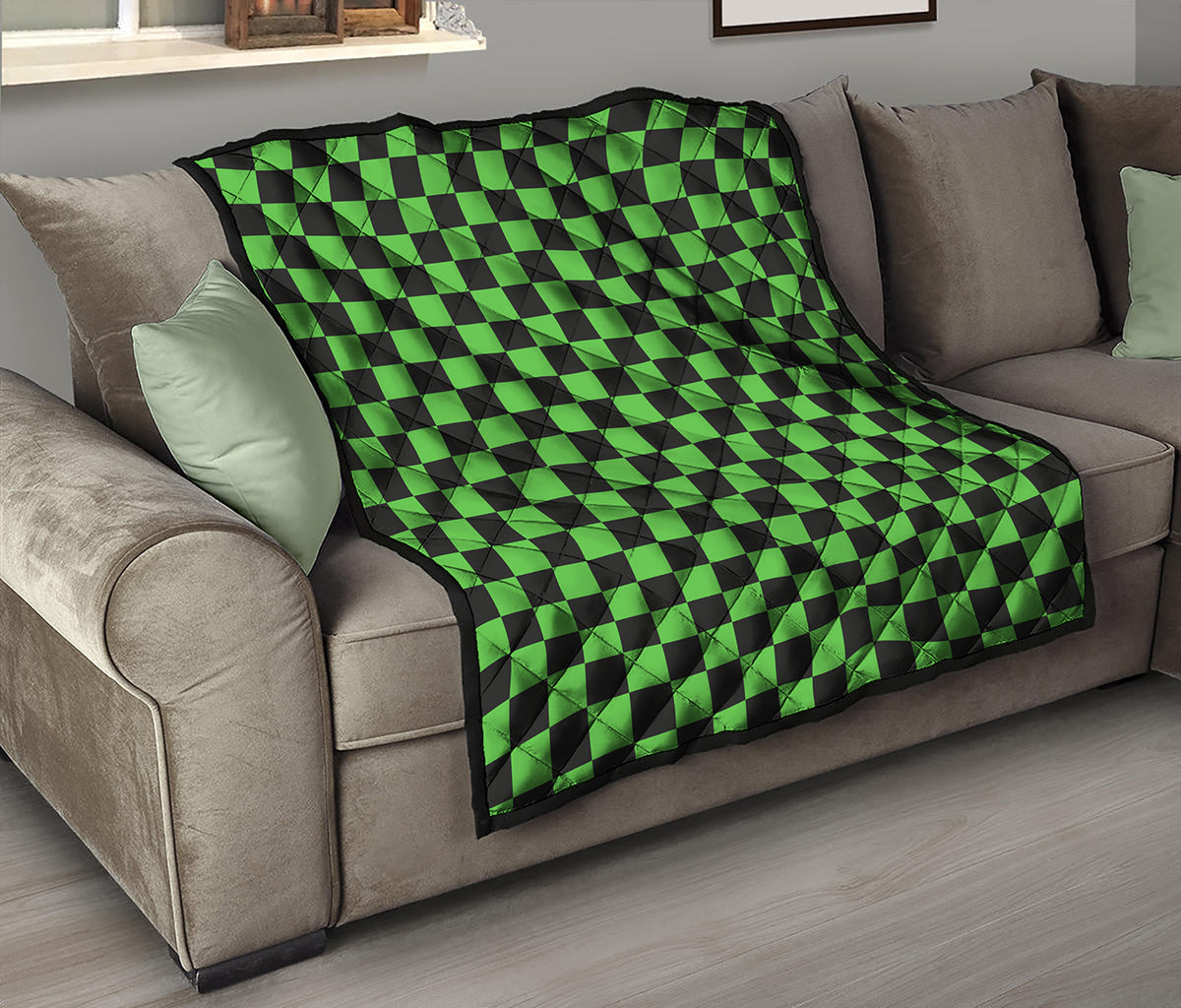Black And Green Checkered Print Quilt